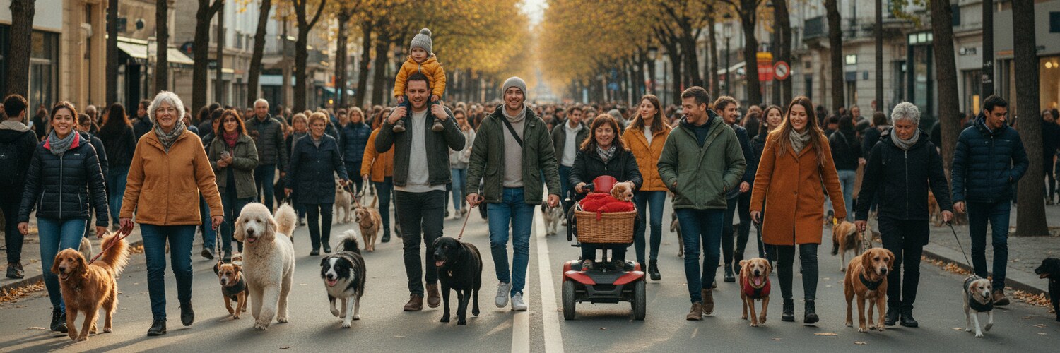 An illustrated street full of people walking dogs together on an autumn afternoon