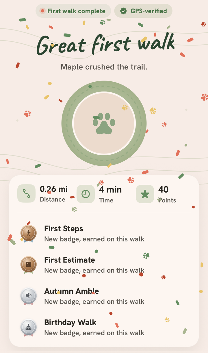 Great first walk: Maple crushed the trail, 0.26 mi in 4 min for 40 points, GPS verified, with four new badges listed below