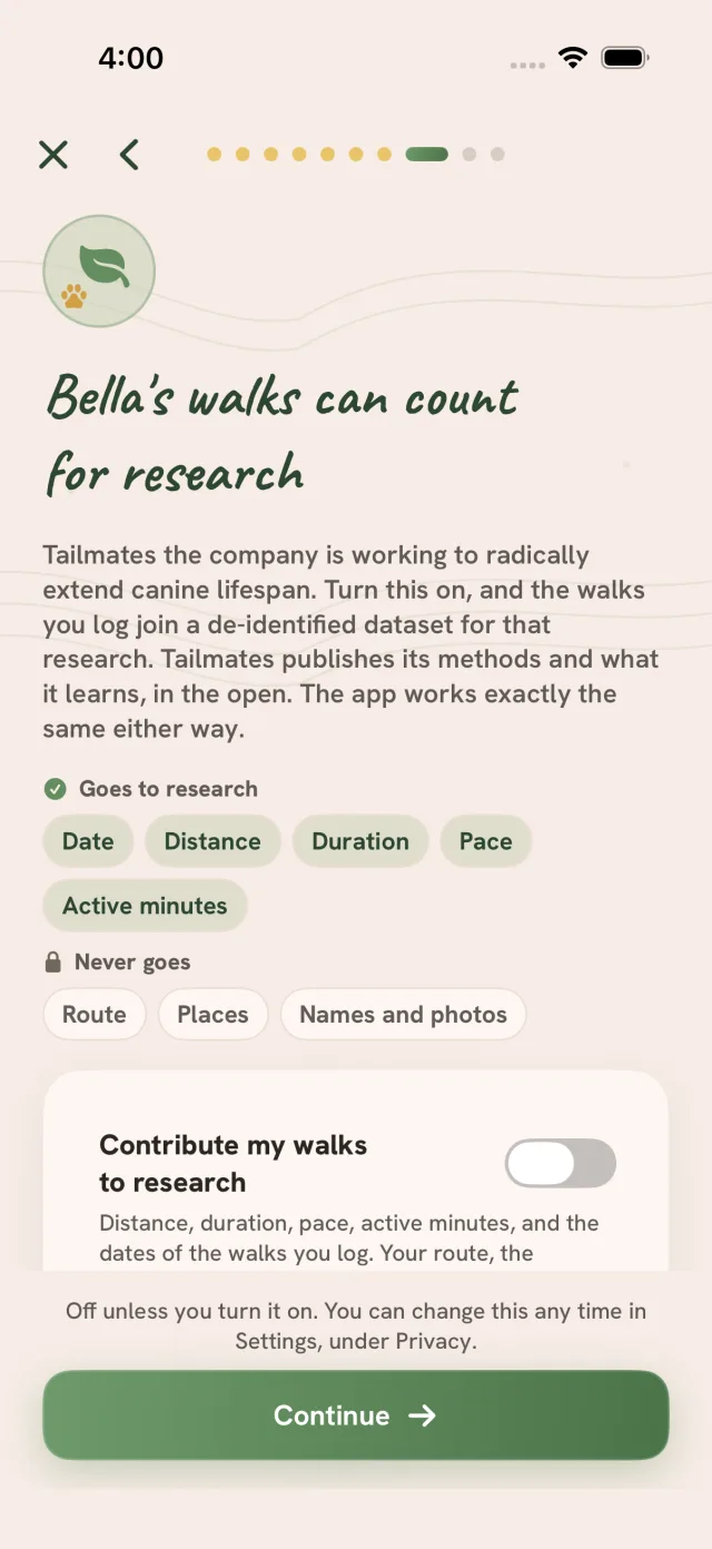 The research question new members see after their first walk: a switch labelled Contribute my walks to research, off, with the five things it shares and a Continue button