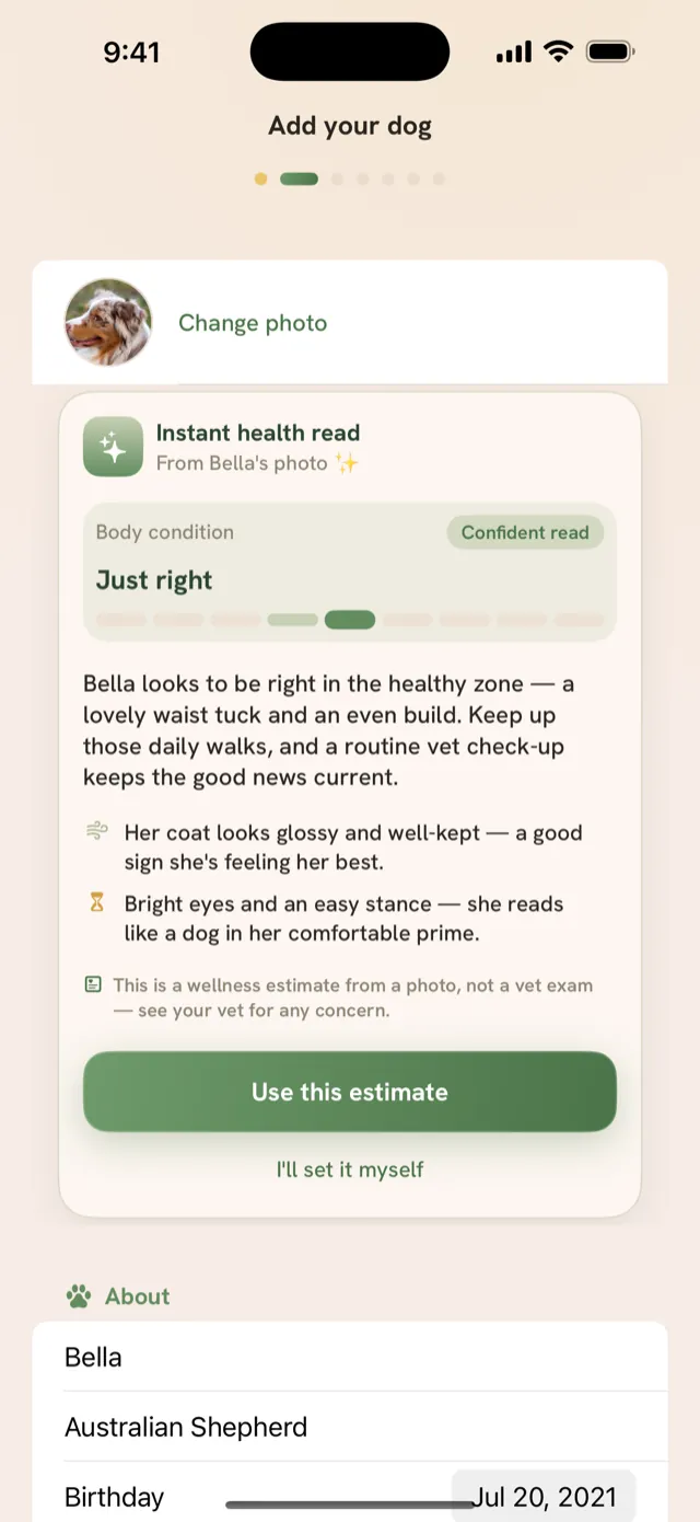 Tailmates add-your-dog screen: an instant health read from Bella's photo with a just-right body condition