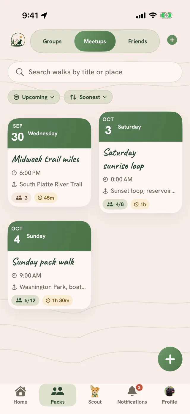 Meetups in Packs: Midweek trail miles on Wednesday, Saturday sunrise loop and Sunday pack walk, each with its time, its place and who is going