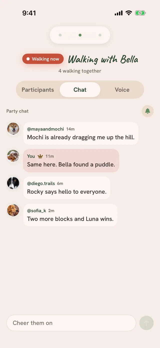 Party chat on a walk with Bella: Mochi is already dragging me up the hill, Bella found a puddle, Rocky says hello to everyone, two more blocks and Luna wins, above the Cheer them on composer
