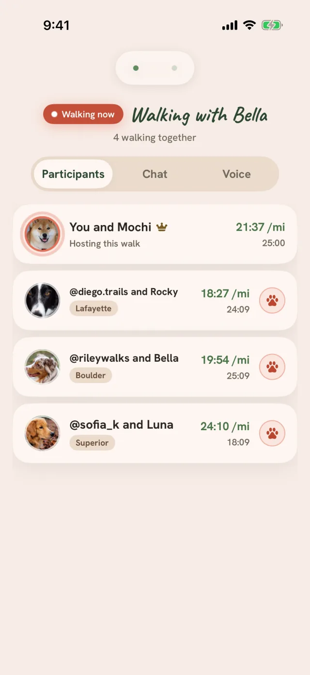 A walk party, Walking with Bella, 4 walking together: you and Mochi hosting, then @diego.trails and Rocky in Lafayette, @rileywalks and Bella in Boulder, and @sofia_k and Luna in Superior, each with a live pace and a cheer button