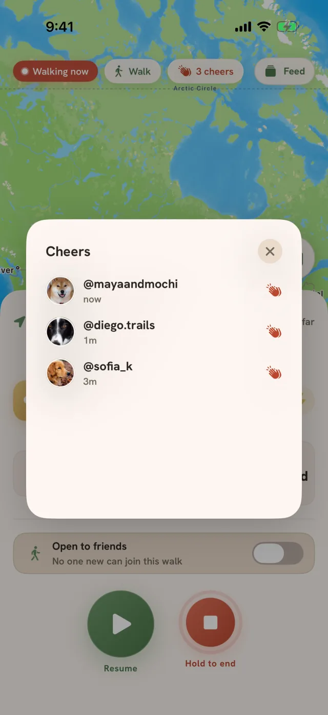 Cheers on a live walk: @mayaandmochi, @diego.trails and @sofia_k each sent a cheer, over the walk map
