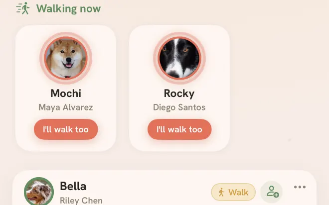 Tailmates 'Walking now' cards: Mochi and Rocky glowing mid-walk with I'll-walk-too buttons