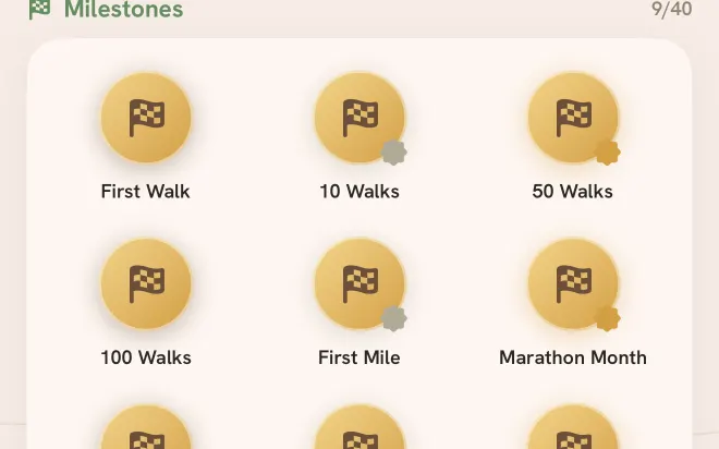 Tailmates milestone badges: First Walk, 10 Walks, 50 Walks, 100 Walks, First Mile, and Marathon Month