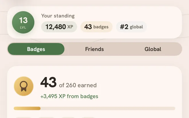 Your standing: level 13, 12,480 XP, 43 badges and number 2 global, with 43 of 260 badges earned