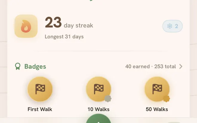 Tailmates streak card: a growing streak with streak freezes banked