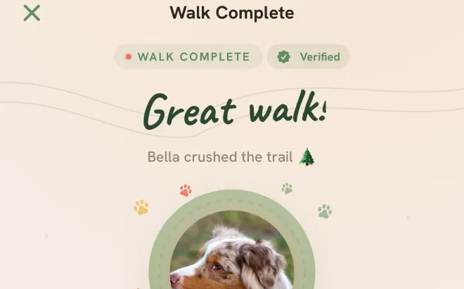Tailmates walk-complete header with the Verified check. Bella crushed the trail
