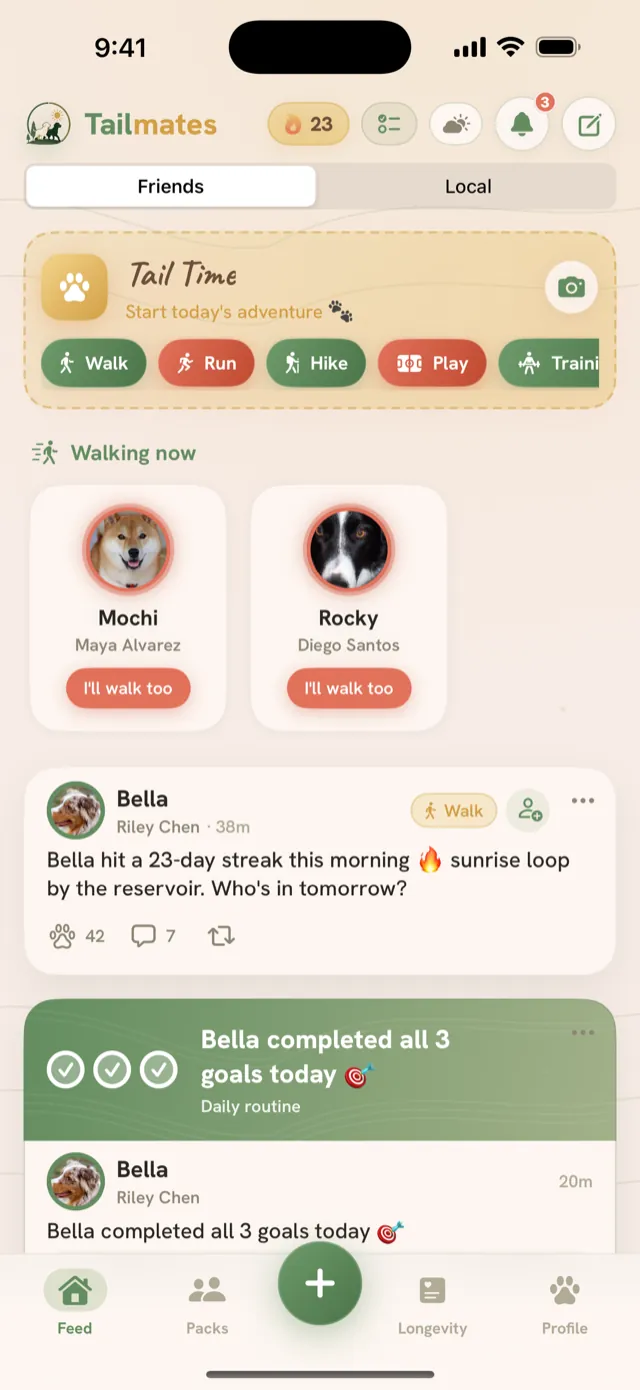 Tailmates feed: a Tail Time prompt for today's adventure, two packmates walking now with I'll-walk-too buttons, and a streak post from Bella