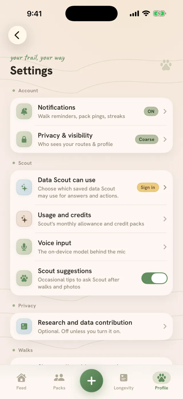 Tailmates Settings: under Account, the Notifications row, on, and Privacy and visibility, set to Coarse, then the Scout and Privacy sections