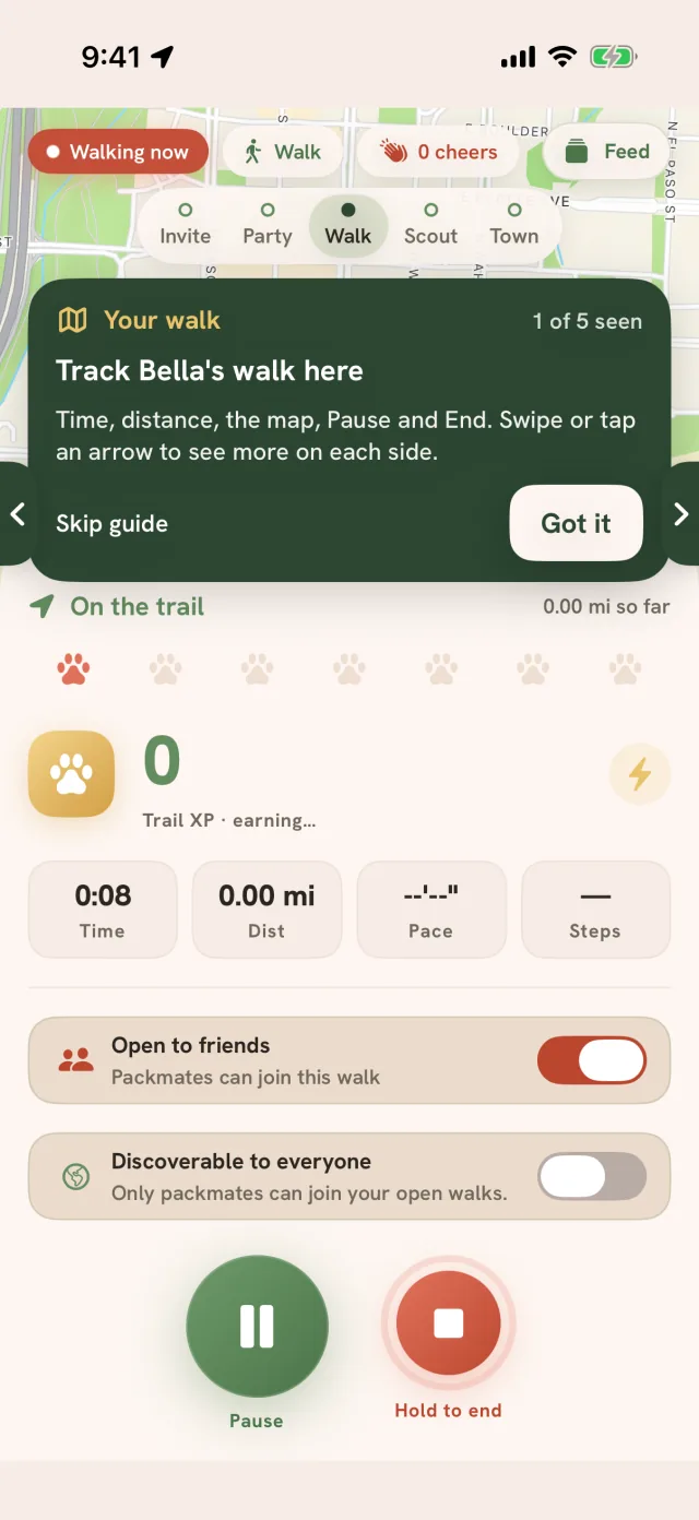 The first walk with its guide: Your walk, 1 of 5, track Bella's walk here, above the live walk with Open to friends, Pause and Hold to end