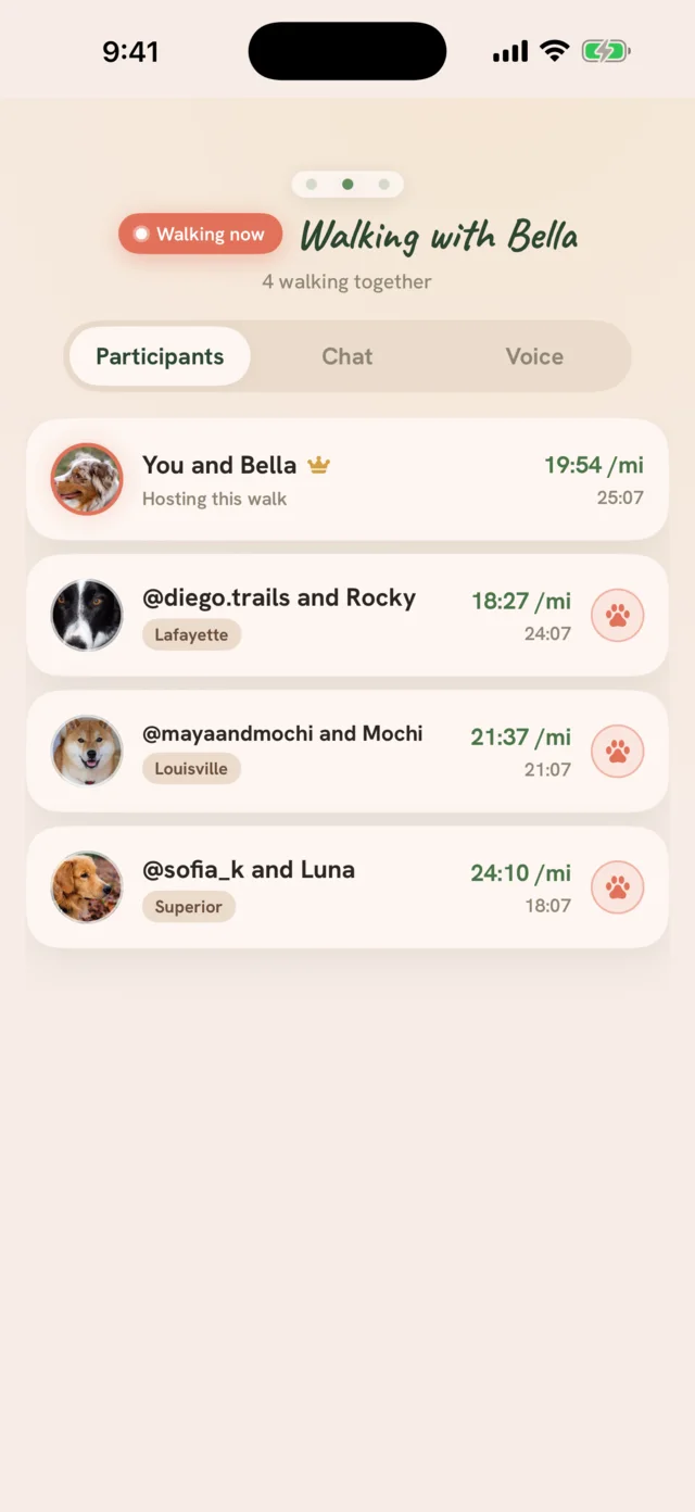 A live walk, Walking with Bella, 4 walking together: you and Bella hosting, then @diego.trails and Rocky in Lafayette, @mayaandmochi and Mochi in Louisville, and @sofia_k and Luna in Superior, each with a live pace and a cheer button