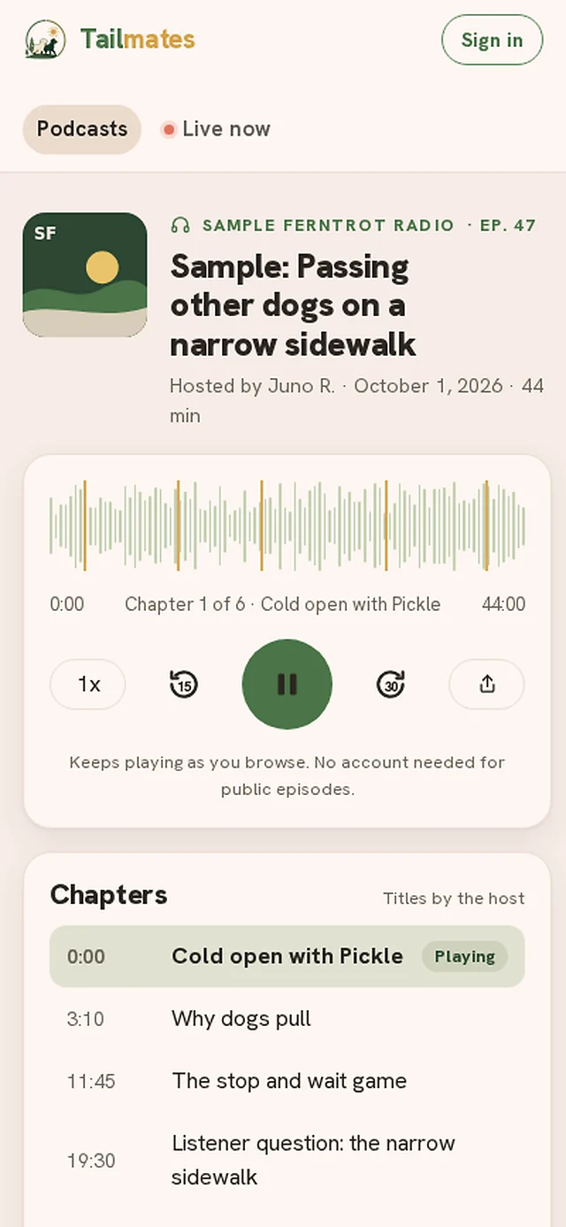 A sample walk podcast episode on the web, Sample: Passing other dogs on a narrow sidewalk, 44 minutes, with a player and six chapters