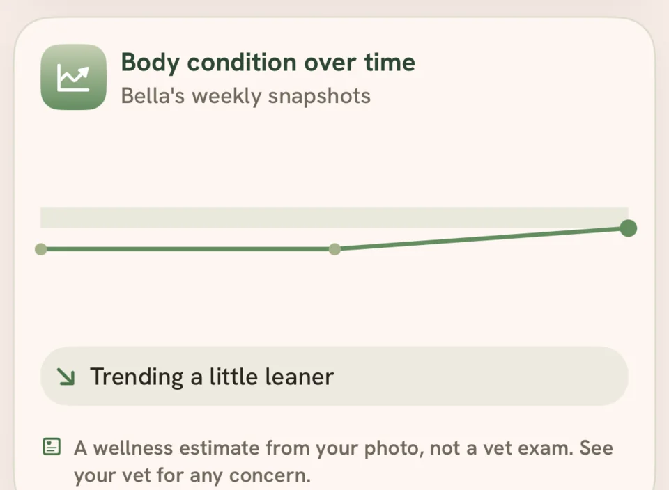Body condition over time, from Bella's weekly snapshots: a trend line marked Trending a little leaner, and a note that it is a wellness estimate from your photo, not a vet exam