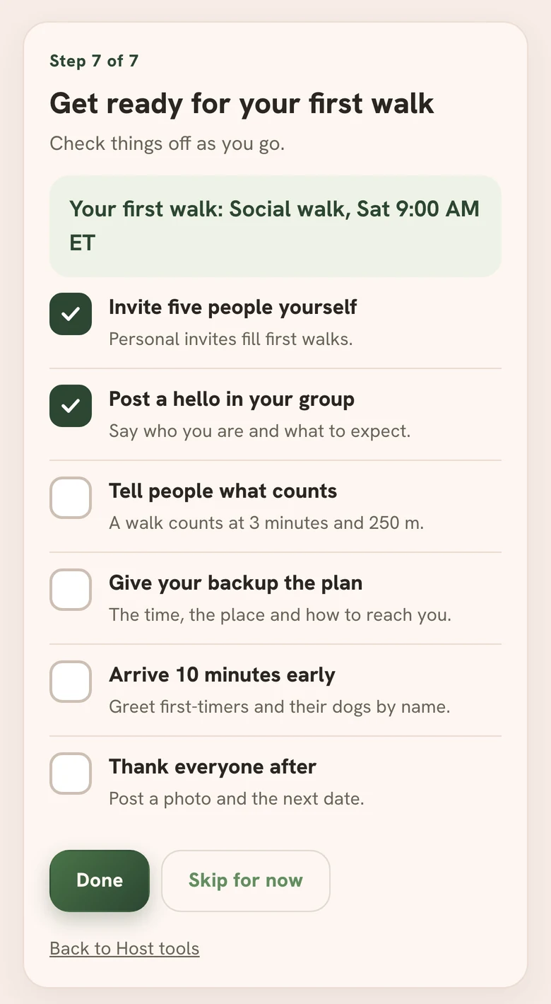 Get ready for your first walk, step 7 of 7: a social walk on Saturday at 9:00 AM, and the checklist with Invite five people yourself and Post a hello in your group ticked, then Tell people what counts, Give your backup the plan, Arrive 10 minutes early and Thank everyone after