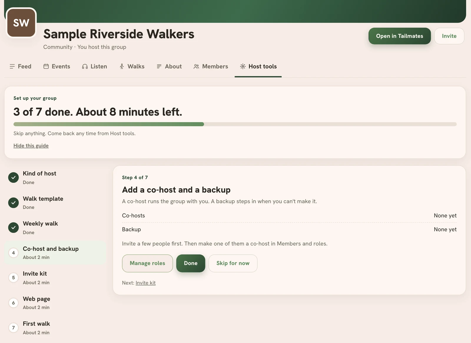 The setup guide for Sample Riverside Walkers in Host tools: 3 of 7 done, about 8 minutes left, Kind of host, Walk template and Weekly walk done, and the current step, Add a co-host and a backup