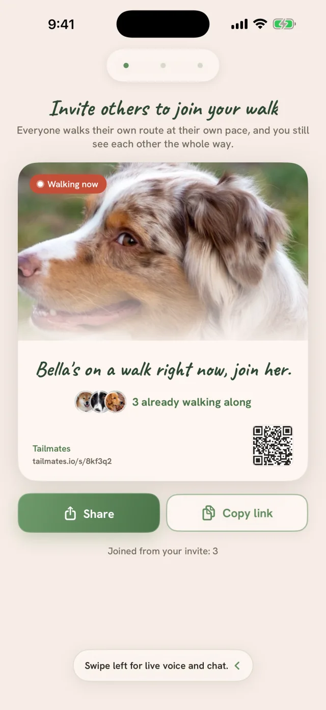 The invite card at the start of an open walk: Bella's photo, the line Bella's on a walk right now, join her, three already walking along, a QR code, and Share and Copy link buttons