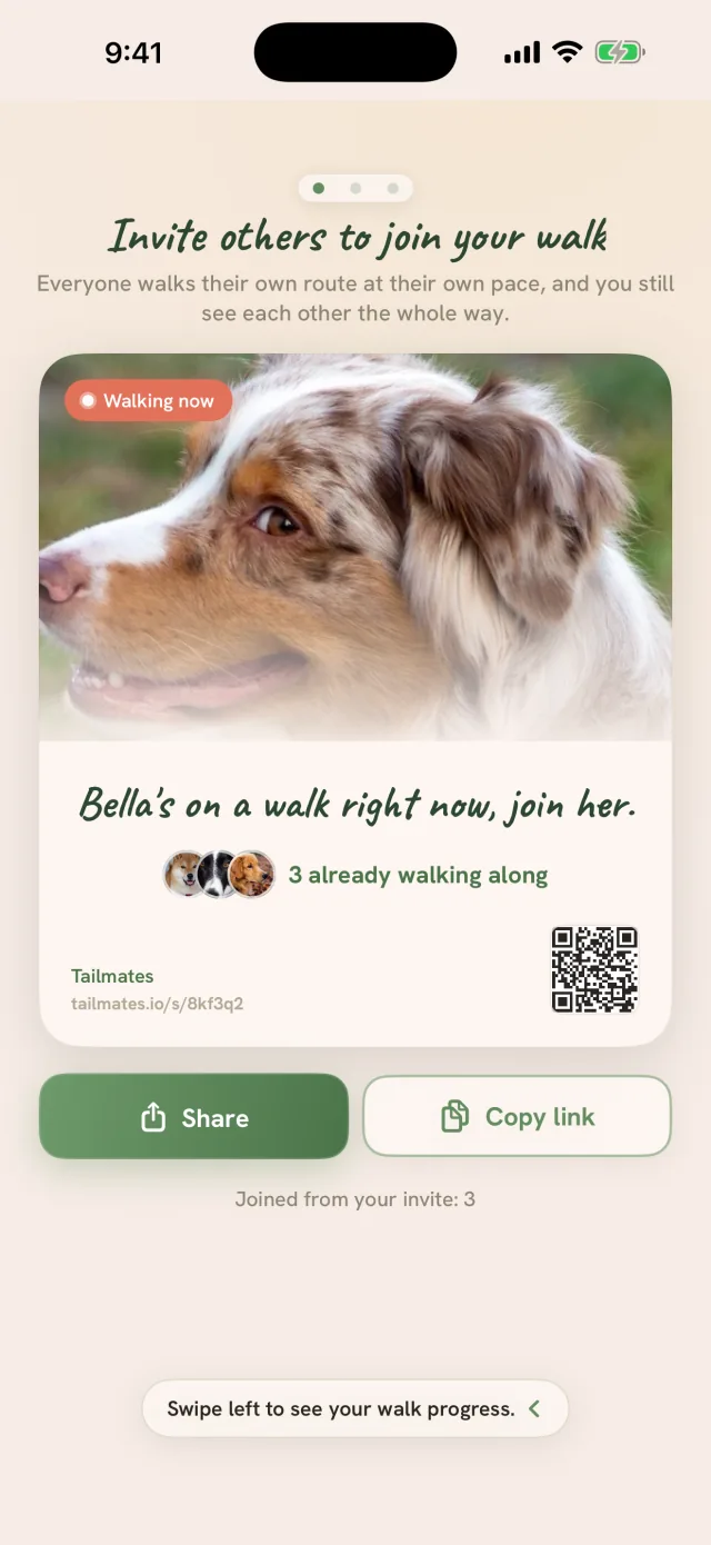 Tailmates invite card at the start of an open walk: your dog's photo, a QR code, and the Share and Copy link buttons