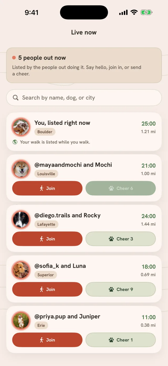 Live now: five people out now, your own walk listed in Boulder at 25:00 and 1.21 mi, then walkers in Louisville, Lafayette, Superior and Erie with their time and distance, each with Join and Cheer