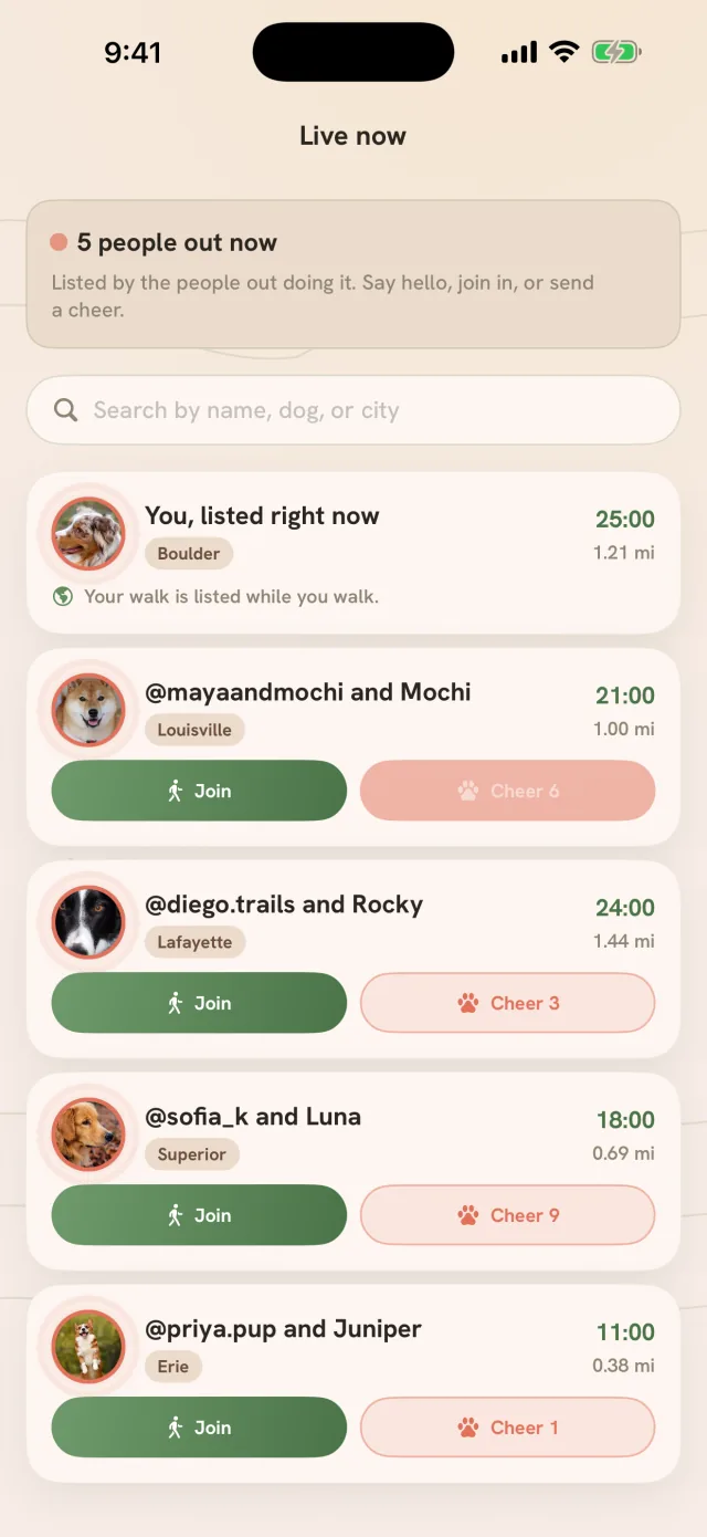 Tailmates Live now: your own walk listed at the top, then other walkers with their city, time and distance and a Join button