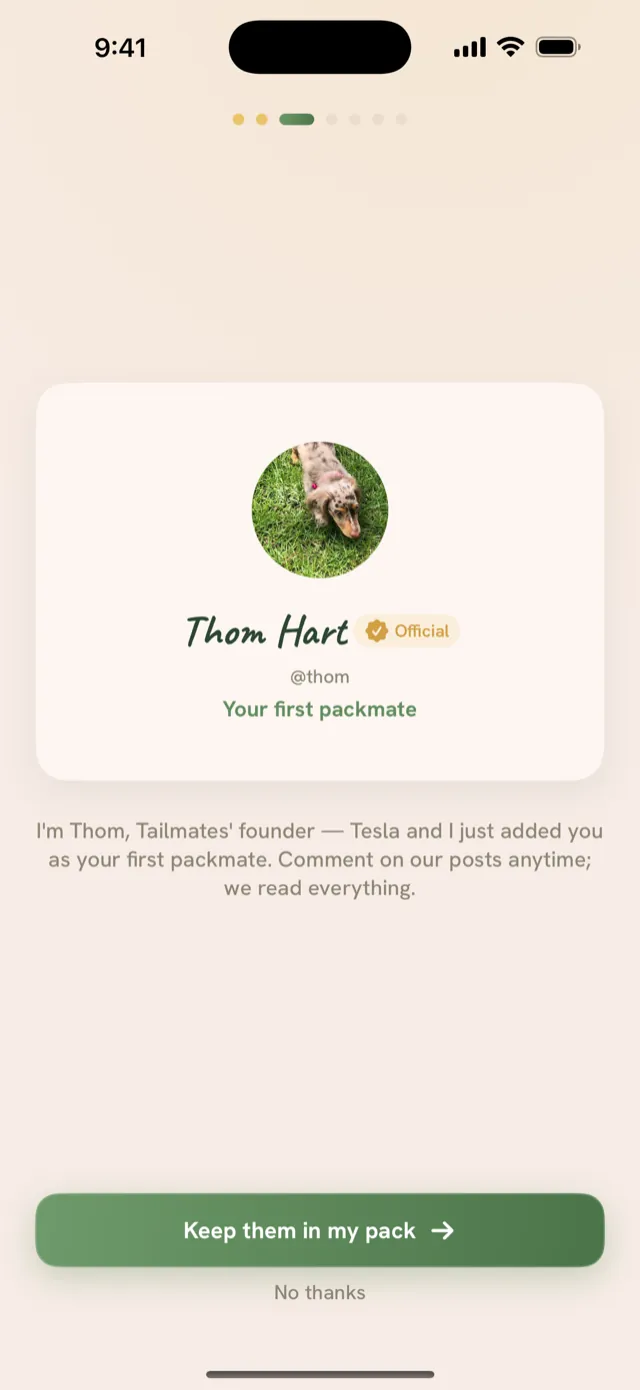 Tailmates onboarding screen introducing the founder and Tesla as your first packmate
