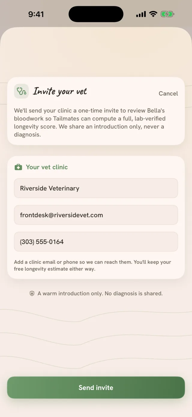 Invite your vet: a one-time invite to Riverside Veterinary to review Bella's bloodwork, with the clinic email and phone, sharing an introduction only and never a diagnosis