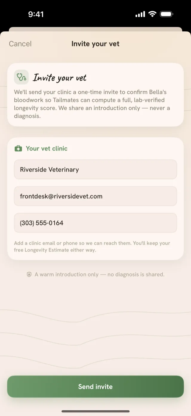 Tailmates invite-your-vet screen: a one-time invite to Riverside Veterinary with the clinic email and phone, sharing an introduction only and never a diagnosis