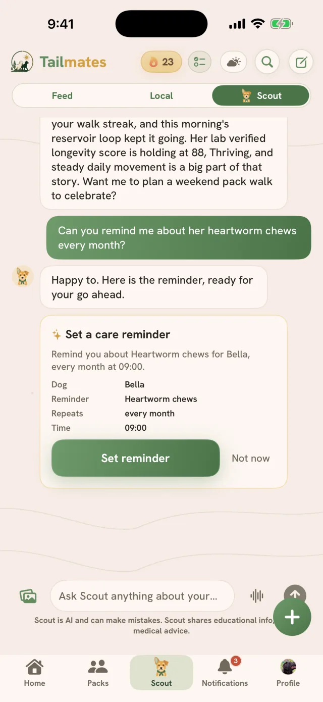 The Scout tab setting a care reminder: a Set a care reminder card for Bella's monthly heartworm chews at 09:00, waiting on the Set reminder button