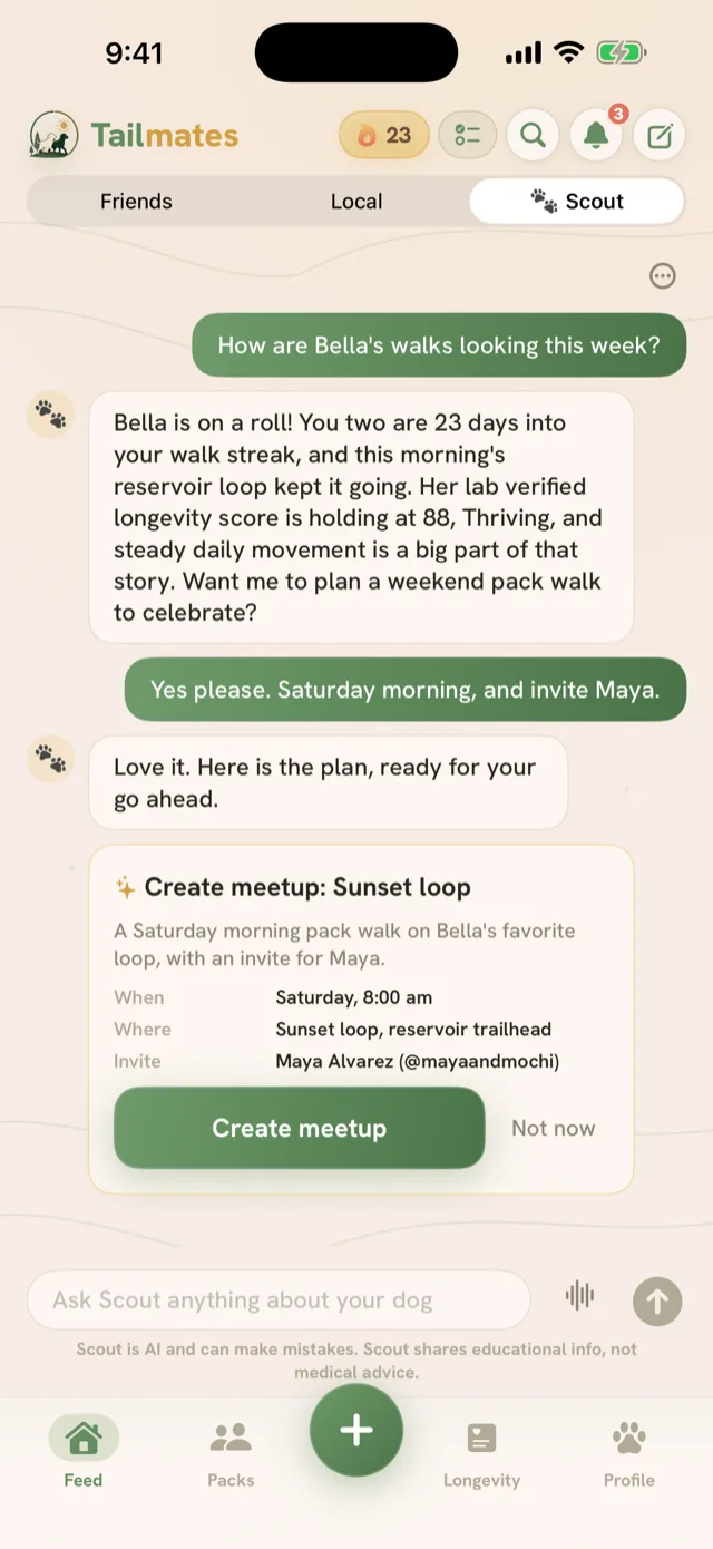 Tailmates Scout chat in the Feed: Scout recaps Bella's streak and lab-verified longevity score, proposes a Saturday pack walk with a Create meetup card you confirm, above the mic composer and the AI disclosure line