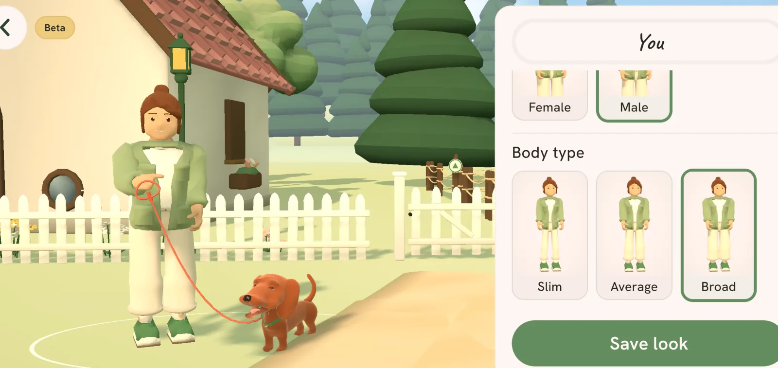 Change look in Tailmates Town: the walker and her dachshund by a cottage, and the look panel with Slim, Average and Broad body types and a Save look button
