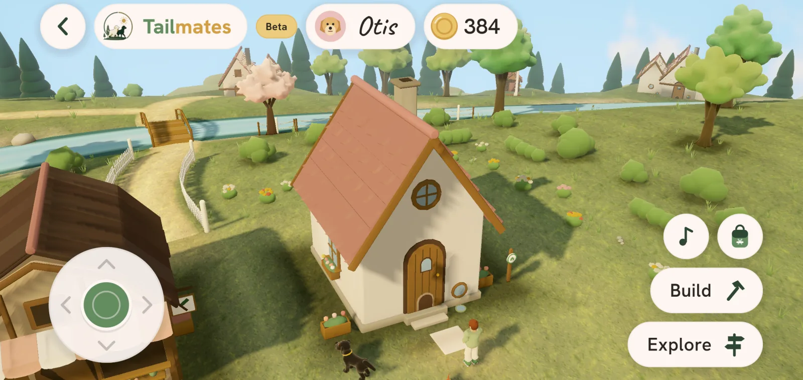 Tailmates Town in beta: a cottage with a red roof, trees, a river and a bridge, the walker and her dog by the door, a balance of 384 Coins, and the Build and Explore buttons