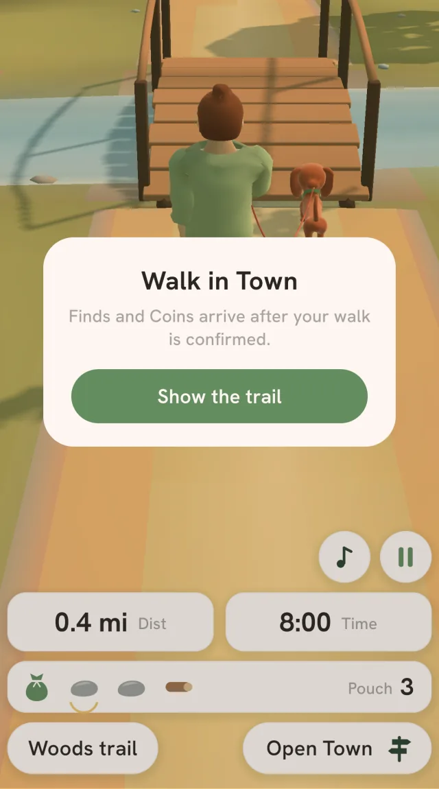 Walk mode in Tailmates Town: the walker and her dachshund cross a footbridge on the trail, and a Walk in Town card says finds and Coins arrive after your walk is confirmed, with 0.4 mi and 8:00 below