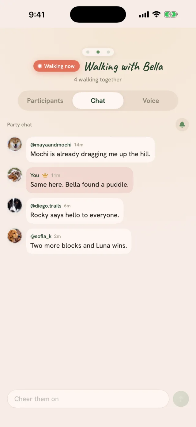 Tailmates walk party, Chat segment: the party chat thread and the message composer