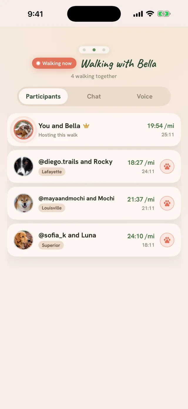 Tailmates walk party roster, walking with Bella, four walking together: you host, and three packmates in Lafayette, Louisville and Superior each show their live pace and time with a cheer button