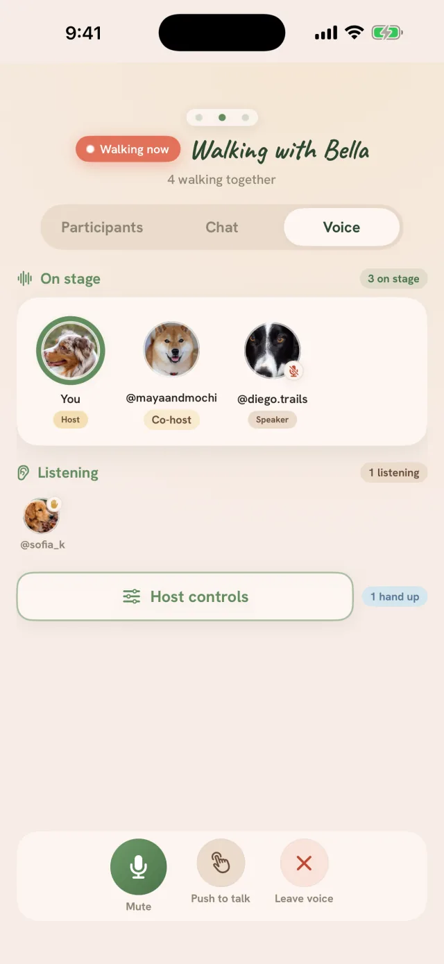 Tailmates walk party voice room: three on stage with host, co-host and speaker labels, one listening, and Mute, Push to talk and Leave voice controls at the bottom