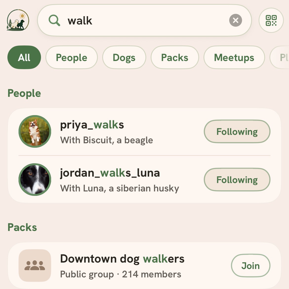 Search for walk: All, People, Dogs, Packs and Meetups, with two people you follow and the Downtown dog walkers pack