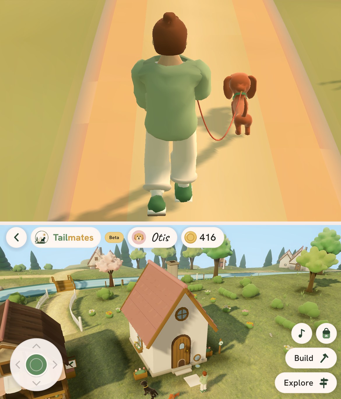Tailmates Town: a walker and her dachshund on the trail, and below them the town, with its Build and Explore buttons and a balance of 416 Coins