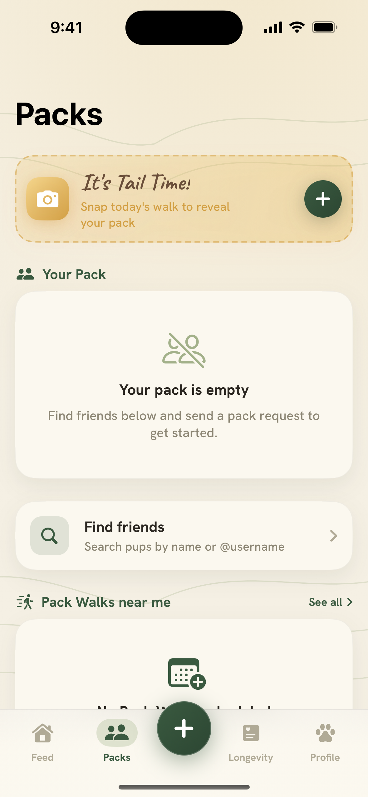 Tailmates packs screen for finding your local dog-walking pack